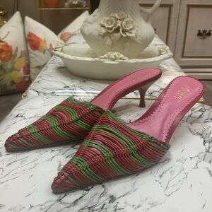 Mikäla Barcelona Pink/Green Leather Heeled Mule Sandals Size 9 B